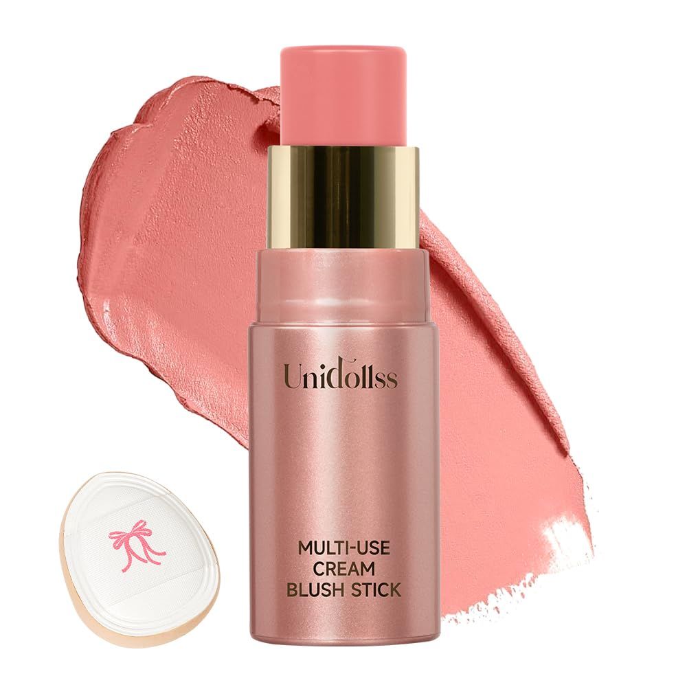 Multi-Use Makeup Cream Blush Stick, Unidollss 3-in-1 Buildable Powder Blush Stick for Cheeks, Eyes, and Lips, Hydrating formula, All day wear, Easy Application with Thumb Puff Included (01 WHISPER)