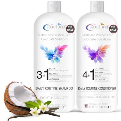 Fights Hair Loss - Roottina Daily Routine Shampoo and Conditioner for Women Hair Loss with DHT Blocker, Formulated for Thinning Hair Hair Growth Support, Coconut and Vanilla Scent (16 fl oz x 2)