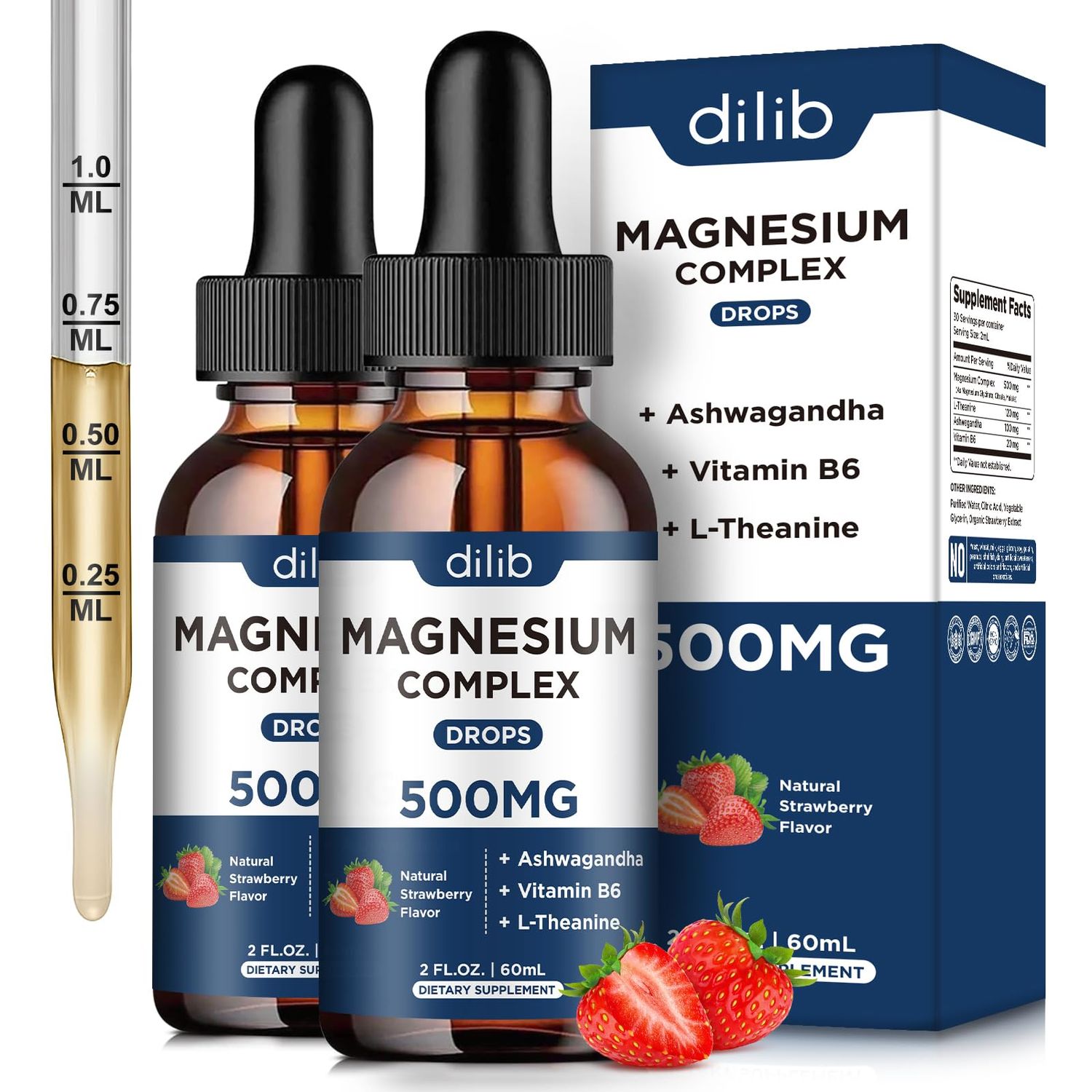 Magnesium Glycinate Liquid Drops 500mg - Triple Magnesium Complex Supplement with Citrate, Malate, Ashwagandha, L-Theanine, Vitamin B6 for Sleep, Stress Relief, Muscle, Strawberry Flavor 4 Fl Oz