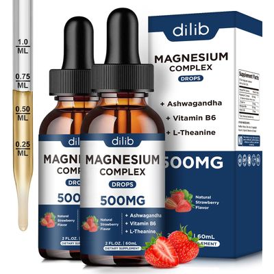 Magnesium Glycinate Liquid Drops 500mg - Triple Magnesium Complex Supplement with Citrate, Malate, Ashwagandha, L-Theanine, Vitamin B6 for Sleep, Stress Relief, Muscle, Strawberry Flavor 4 Fl Oz