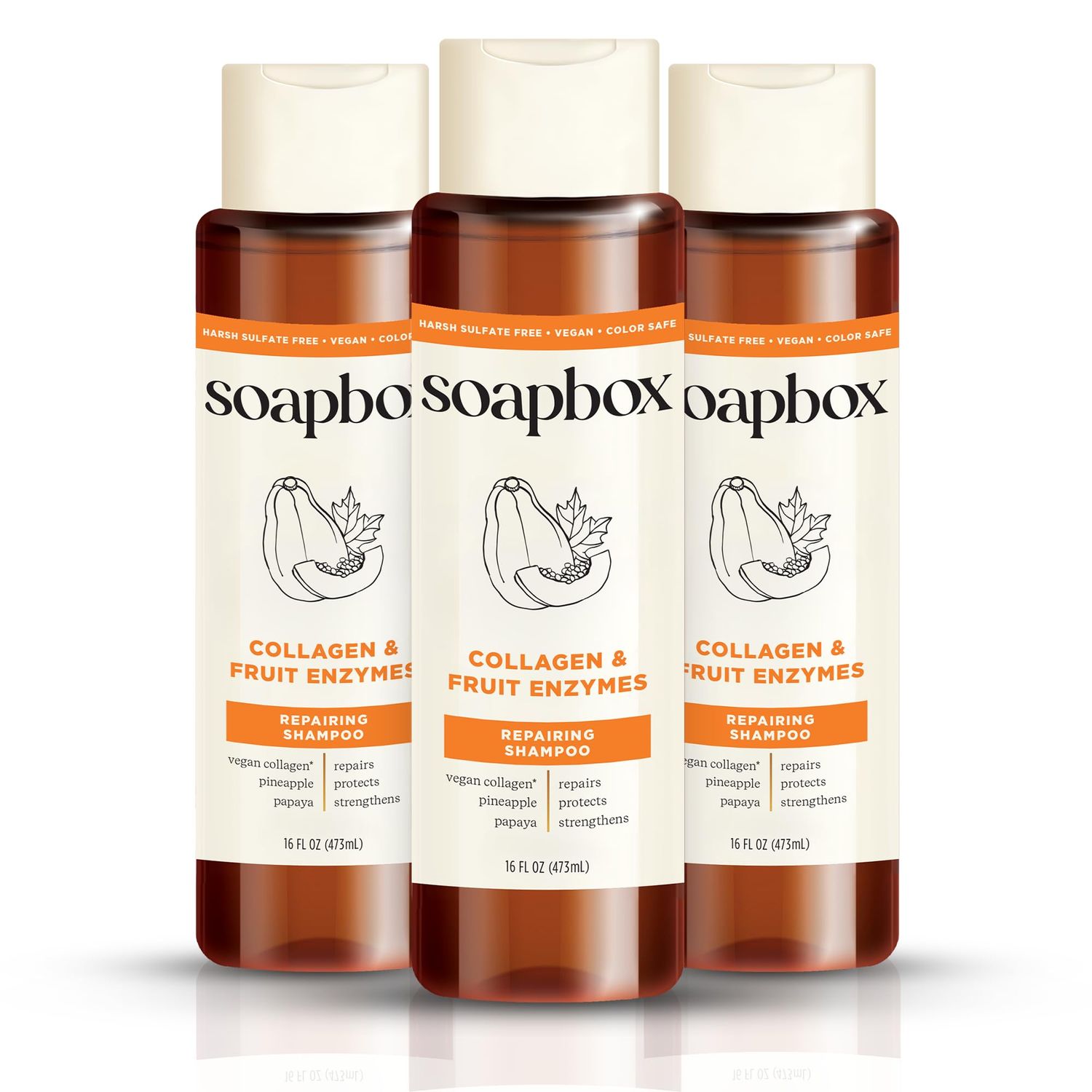Soapbox Shampoo Collagen Fruit Enzymes Repairing Shampoo for Dry, Fine or Thin Hair, Strengthening with Collagen and Peptides for Fuller Looking Hair, 3 Pack, 16oz Each