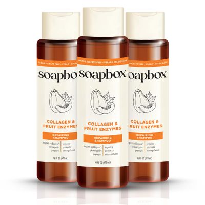 Soapbox Shampoo Collagen Fruit Enzymes Repairing Shampoo for Dry, Fine or Thin Hair, Strengthening with Collagen and Peptides for Fuller Looking Hair, 3 Pack, 16oz Each