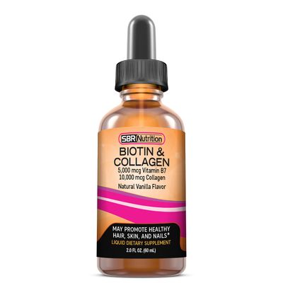 SBR Nutrition Biotin and Collagen Liquid Daily Dietary Supplement, Vitamins for Hair Growth and Thickening, Skin Health and Nail Strength, 2 oz (60mL)