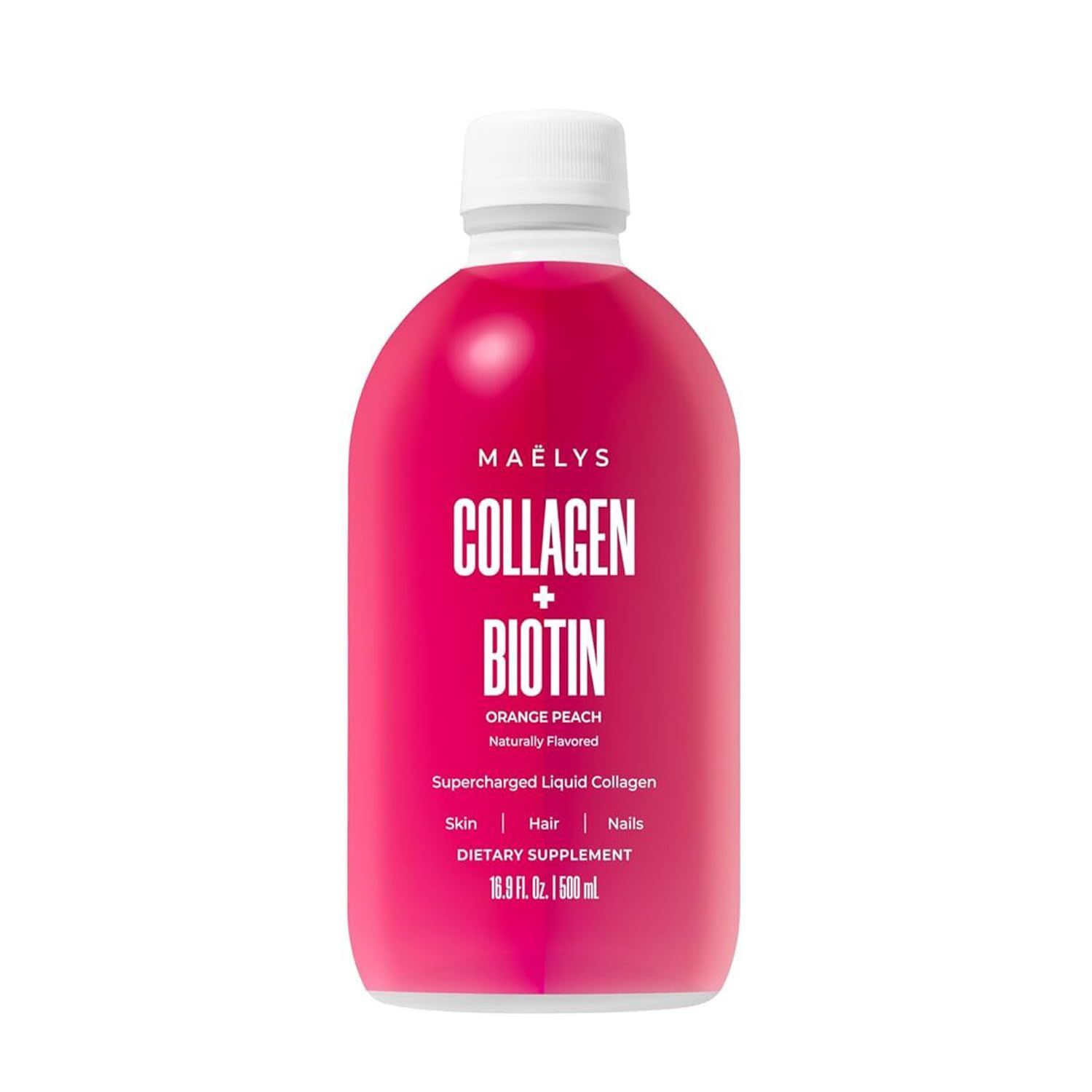 MALYS Super Charged Liquid Collagen for Women - Collagen Peptides Supplement with Biotin for Hair, Skin and Nails - Liquid Hydrolyzed Collagen Peptides, Orange Peach