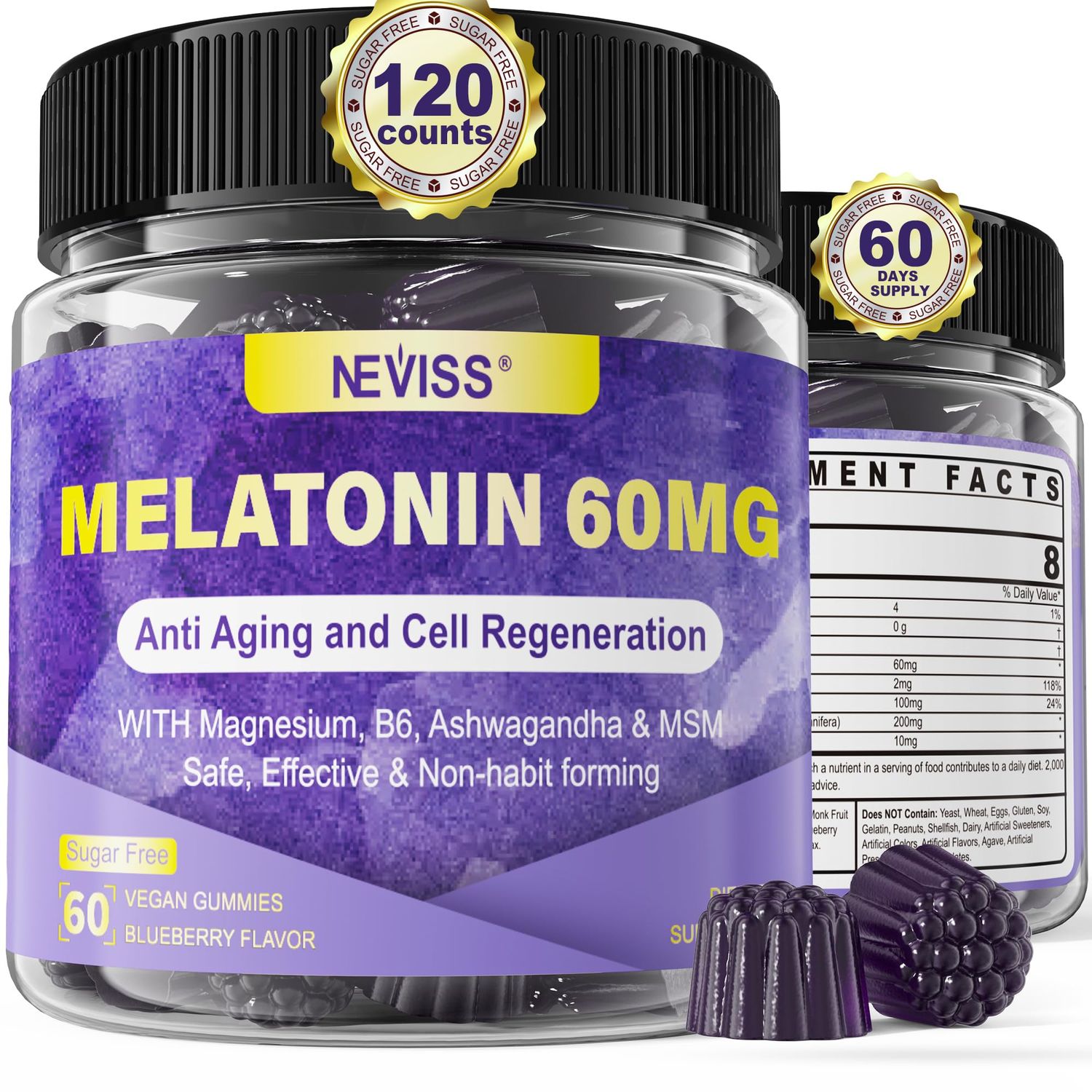 Antioxidant Brain Support Melatonin 60mg 30mg for 50 Adults High Dose Melatonin for Anti-Aging Immune Extra Strength Melatonin Gummies with B6, Ashwagandha, Magnesium, MSM - 120 Gummies
