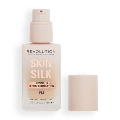 Revolution, Skin Silk Serum Foundation, Light to Medium Coverage, Lightweight Radiant Finish, Contains Hyaluronic Acid, F8.5 Medium Skin Tones, 0.77 fl oz