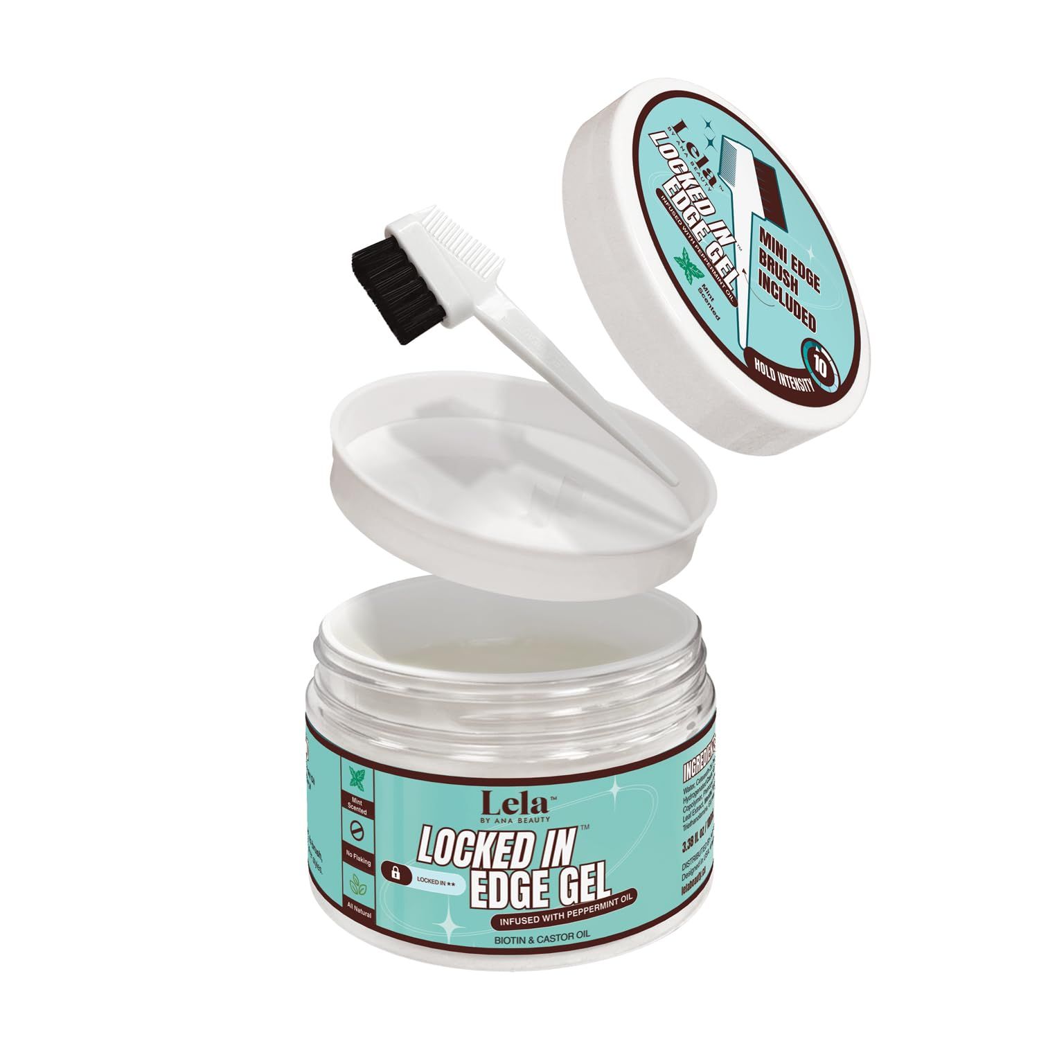 Lela Beauty Locked In Edge Gel with Peppermint Oil, Biotin, and Castor Oil- Peppermint Scent, Travel-Friendly, All Natural, Long-Lasting Hold, Non-Flaking 100mL3.38 fl. oz