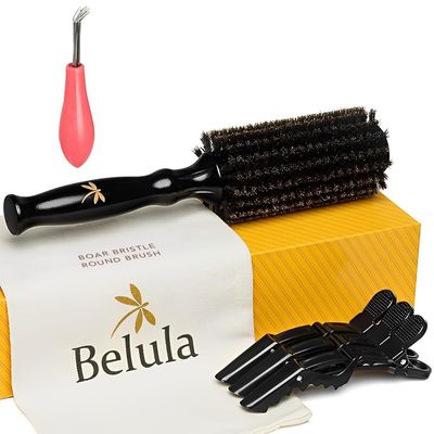 Belula 100 Soft Boar Bristle Round Brush for Blow Drying Set. Round Hair Brush With Medium 2.1 Wooden Barrel. Hairbrush Ideal to Add Volume and Body. Free 3 x Hair Clips Travel Bag.