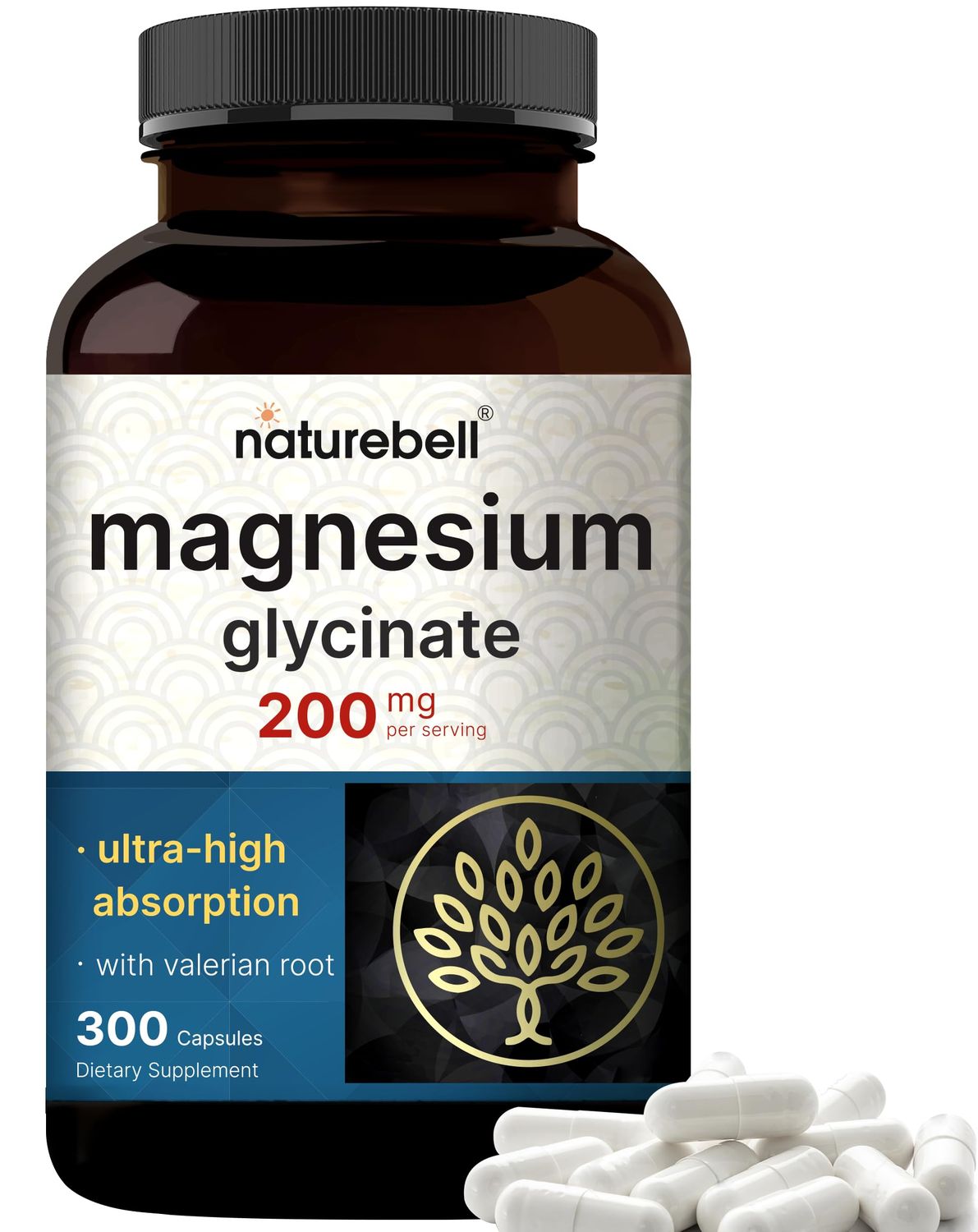 Pure Magnesium Glycinate for Sleep, 200mg with Valerian Root, 300 Capsules 100 Chelated Purified Mineral Supplement - Ultra High Absorption - Non-GMO, Gluten Free