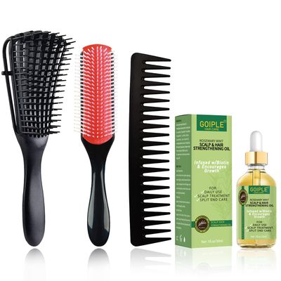 WOZUTUNT Curly Hair Brush Set for WomenMenKids, Detangler Brush, Wide Tooth Comb, 9 Row Nylon Bristle, Rosemary Hair Growth Oil - 4 Count (DB-black-4pcs)