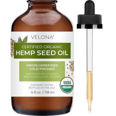 velona Hemp Seed Oil USDA Certified Organic - 4 Fl Oz 100 Pure and Natural Carrier Oil Unrefined, Cold Pressed Hair, Body, Face Skin Care