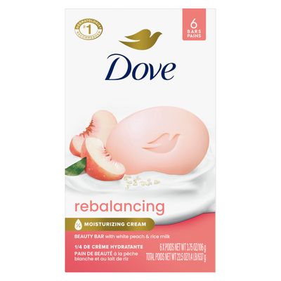 Dove Beauty Bar Soap Rebalancing White Peach Rice Milk 6 Count for a Nourished and Moisturized Skin, with Moisturizing Cream Plant-Based Formula, 3.75 oz