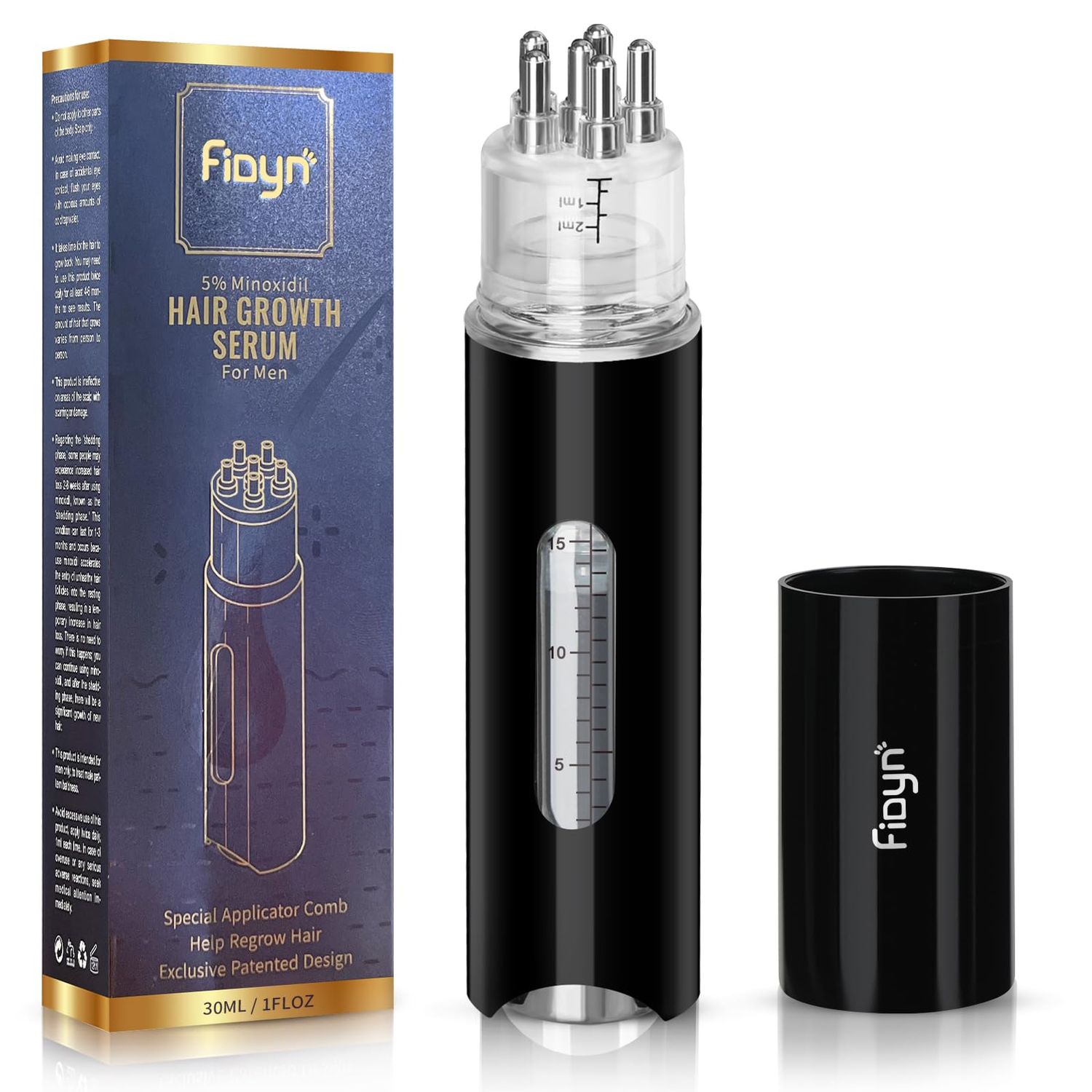 Fidyn 5 Minoxidil Hair Growth Serum for Men: Scalp Applicator Comb - Topical Solution for Hair Loss - Beard and Hair Regrowth Serum