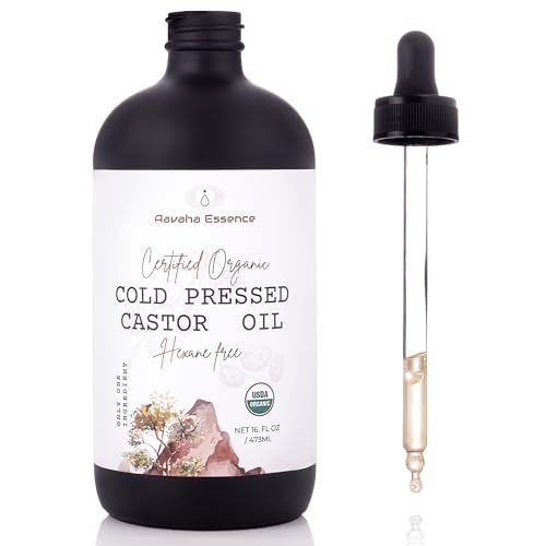 Aavaha Essence Unrefined Organic Cold Pressed Castor Oil in Glass Bottle with dropper - 100 Pure Natural, Hair Growth Eyelashes and Eyebrows, Packs, Skin moisturizer Face, Body - Hexane free 16oz