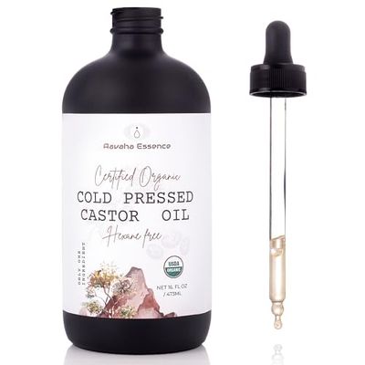 Aavaha Essence Unrefined Organic Cold Pressed Castor Oil in Glass Bottle with dropper - 100 Pure Natural, Hair Growth Eyelashes and Eyebrows, Packs, Skin moisturizer Face, Body - Hexane free 16oz