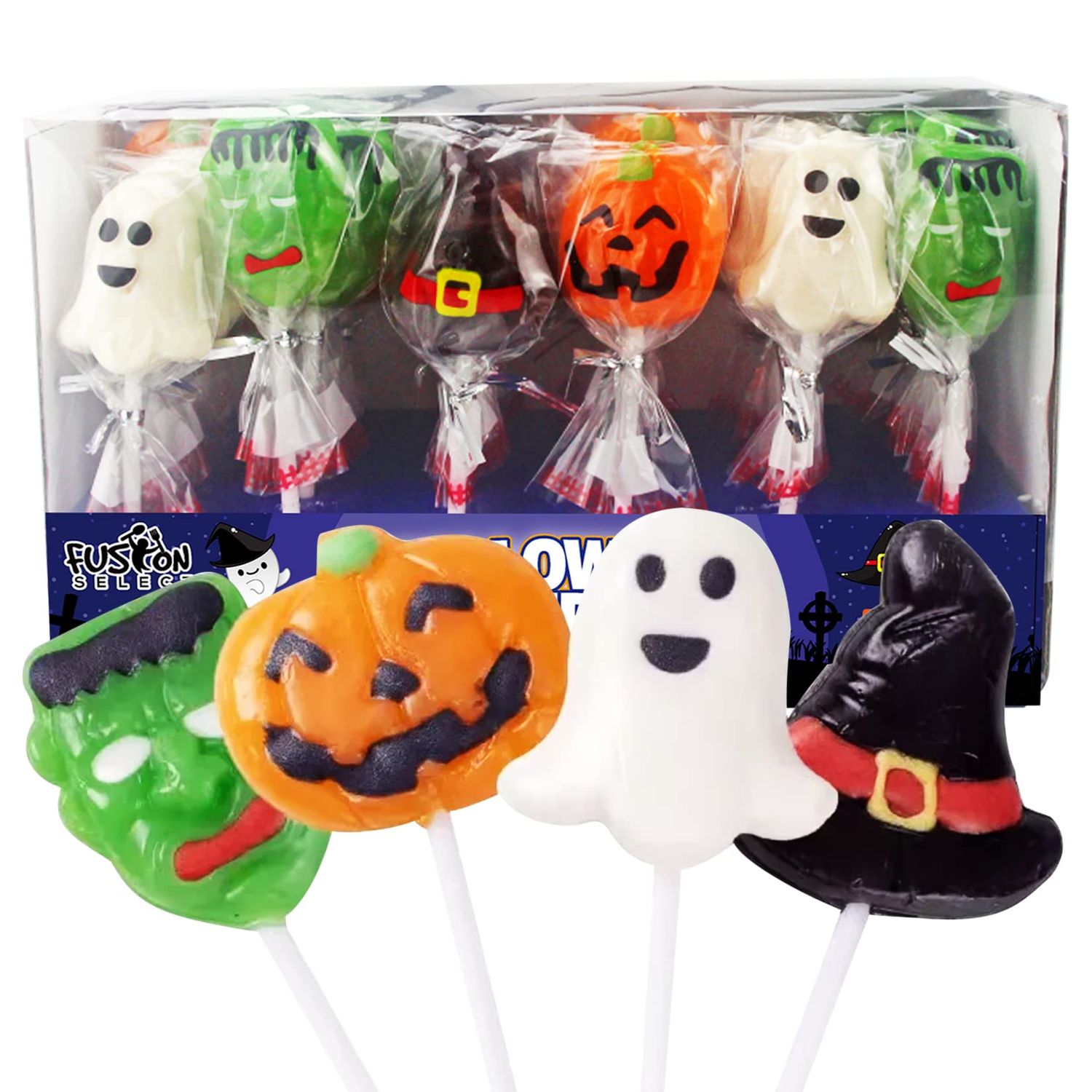 Fusion Select Candy Lollipops - Halloween Suckers - Trick or Treat Candies for Kids - Frankenstein&#39;s Monster, Jack o Lantern, Ghost Witch Hat Sweets - Individually Wrapped - 30 Per Box