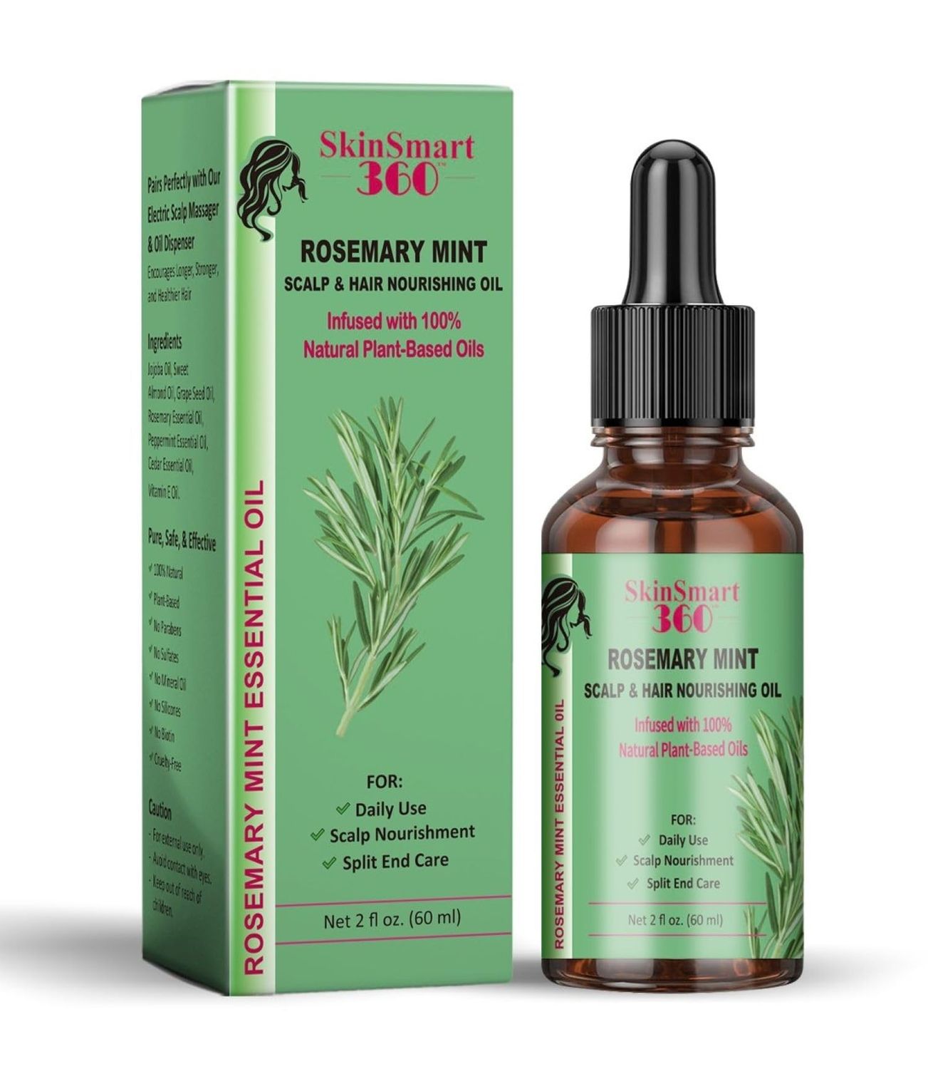 SkinSmart 360 Rosemary Mint Oil for Hair Growth Scalp Care - 60ml, Pack of 1 - 100 Natural Plant-Based - Compatible with Our Electric Scalp Massager Oil Dispenser