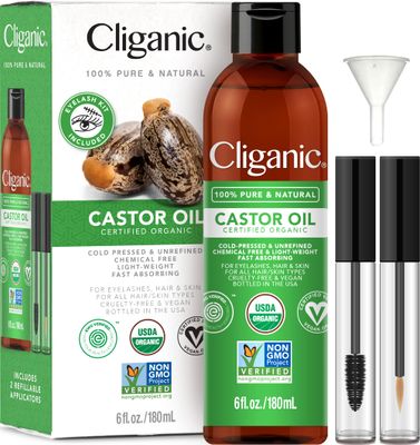 Cliganic Organic Castor Oil, 100 Pure (6oz with Eyelash Kit) - For Eyelashes, Eyebrows, Hair Skin