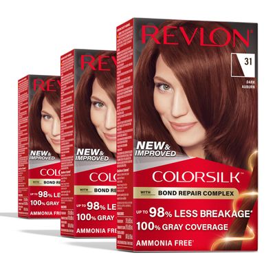 Revlon ColorSilk with Bond Repair Complex, Auburn Permanent Hair Color, 100 Gray Coverage, Ammonia Free Hair Dye, Vegan Keratin, 31 Dark Auburn (Pack of 3)