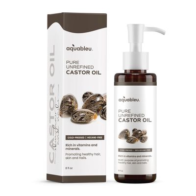 Aquableu All-Natural Castor Oil - Cold-Pressed Unrefined, Hexane-Free - Promotes Healthy Hair, Skin and Nails - For Eyelash and a Thicker, Fuller Beard - 8oz