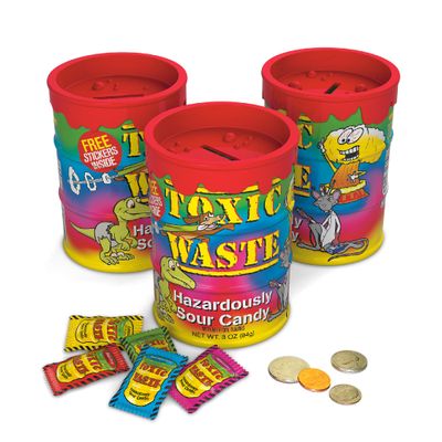 TOXIC WASTE - Hazardously Sour Candy - Apple, Watermelon, Lemon, Blue Raspberry, Black Cherry Flavors - 3 oz. Tie Dye Bank - 3 Pack - Stickers Included