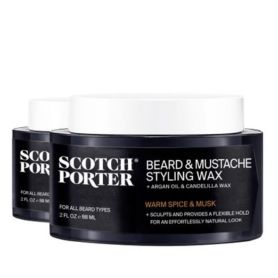 Scotch Porter Beard Mustache Styling Wax - Medium, Flexible Hold Wax Helps Shape, Style, Moisturize, Condition, Add Shine Promote Healthy Growth to Dull, Dry, Coarse Facial Hair - 2-Pack, 2 oz.