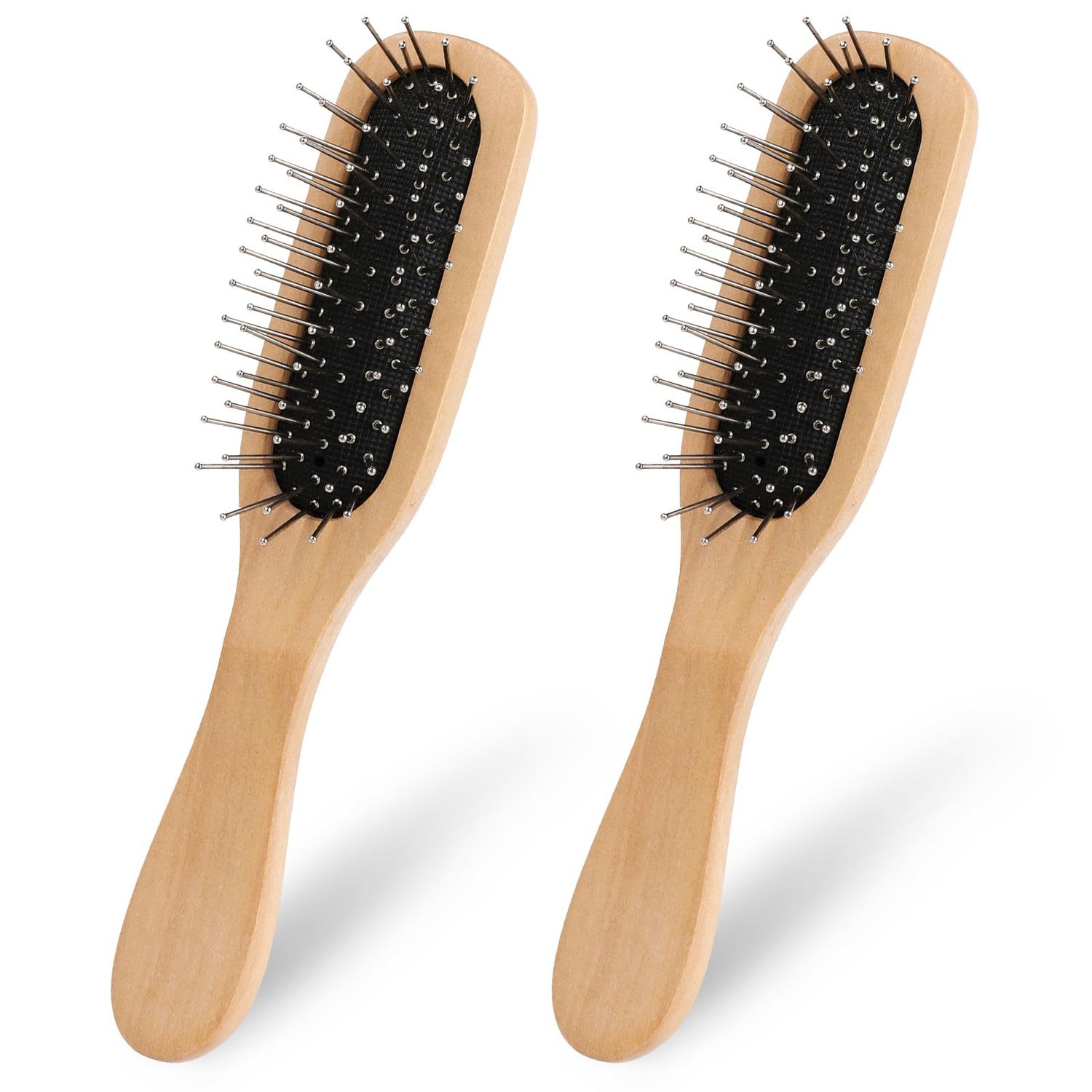 2PCS Mini Pin Bamboo Hair Brush with Steel Bristles Portable Wig Brush Detangling Brush Wig Hair Brush Travel Natural Wood Comb with Metal Bristles Small Wire Cushion Brush with Wood Handle for Women