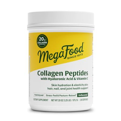 MegaFood Collagen Peptides for Women Men - Unflavored Collagen Powder with Hyaluronic Acid Vitamin C - Supports Skin Hair Nails Joint Health - 20g Grass Fed Bovine Collagen - 20oz, 28 Servings