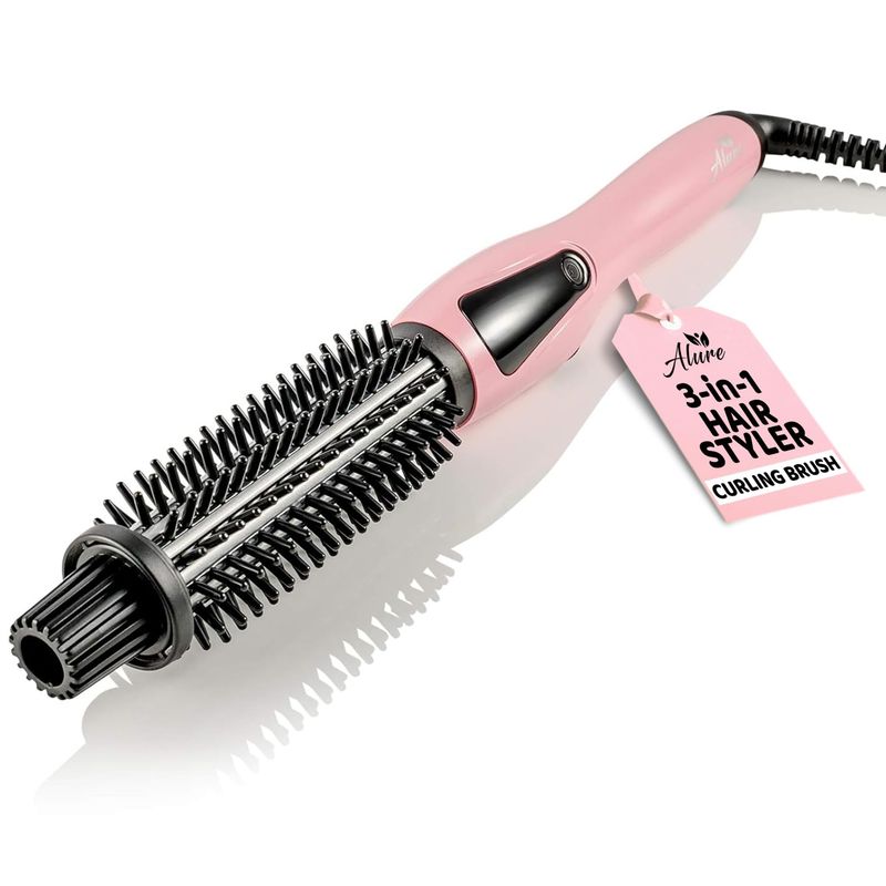Alure Heated Styling Brush - 3-in-1 Ionic Hair CurlerStraightener with Anti-Scald Nylon Bristles, Electric Curl Wand for All Hair Types, Ideal as a Curling Iron Alternative for Short Hair and Styling