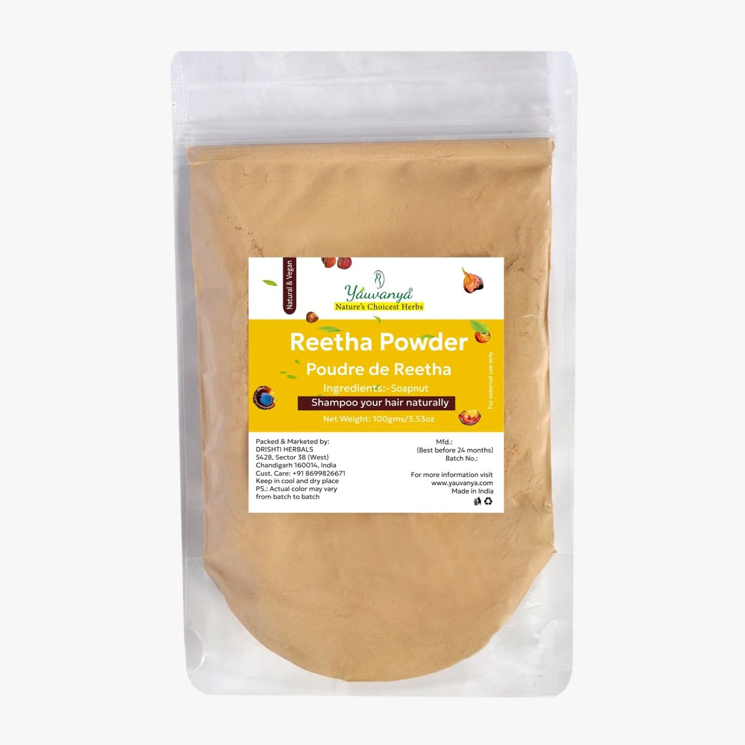 Yauvanya ReethaArithaSoapnut (Sapindus mukorossi) Powder, Natural Hair Cleanser and Nourisher - 100 gms