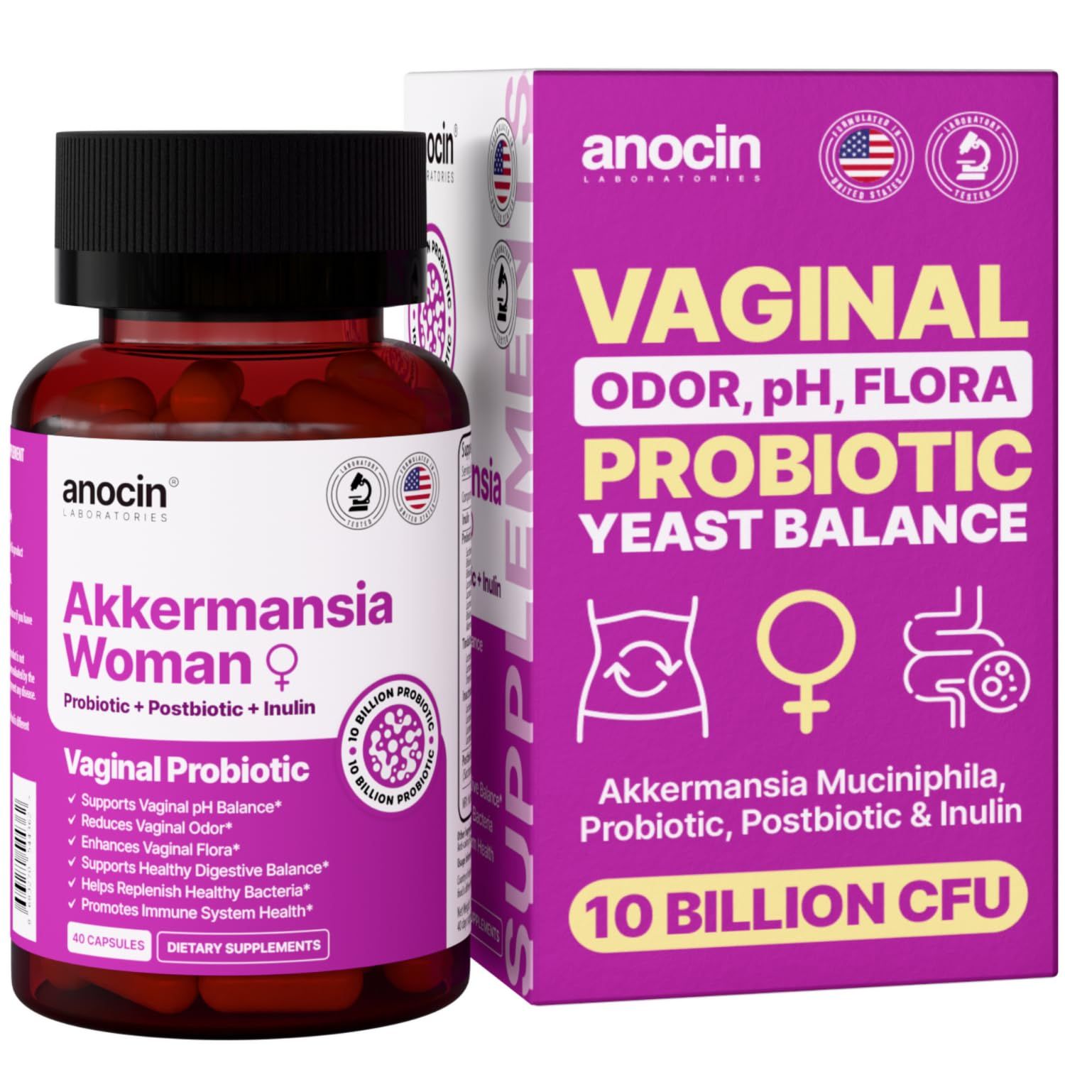 anocin Akkermansia Probiotic with Prebiotic Postbiotic Vaginal Probiotics, Gut Health, 10 Billion CFU, Vaginal Probiotics, GLP-1 Supplement, Immune Support Supplement