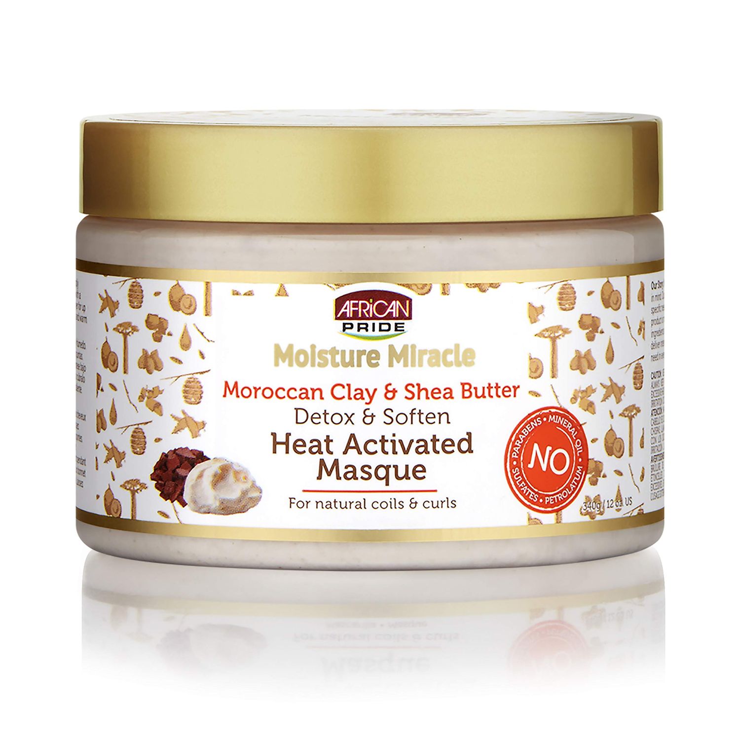 African Pride Moisture Miracle Moroccan Clay Shea Butter Heat Activated Masque - For Natural Coils Curls, Detoxes Softens, Removes Impurities Product Build-Up from Hair 12 oz
