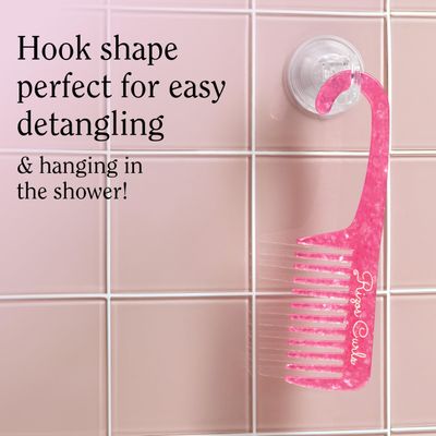 Rizos Curls Hanging Shower Comb, Detangle Distribute Conditioner In Shower, Gentle On All Curl Types, Easy to Hang Use, Pink