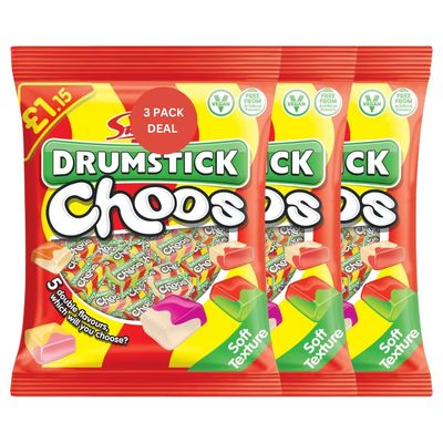 3 Pack Drumstick Choows (115g) - VEGAN FRIENDLY Imported from UK Classic Fruity Chewy Candy