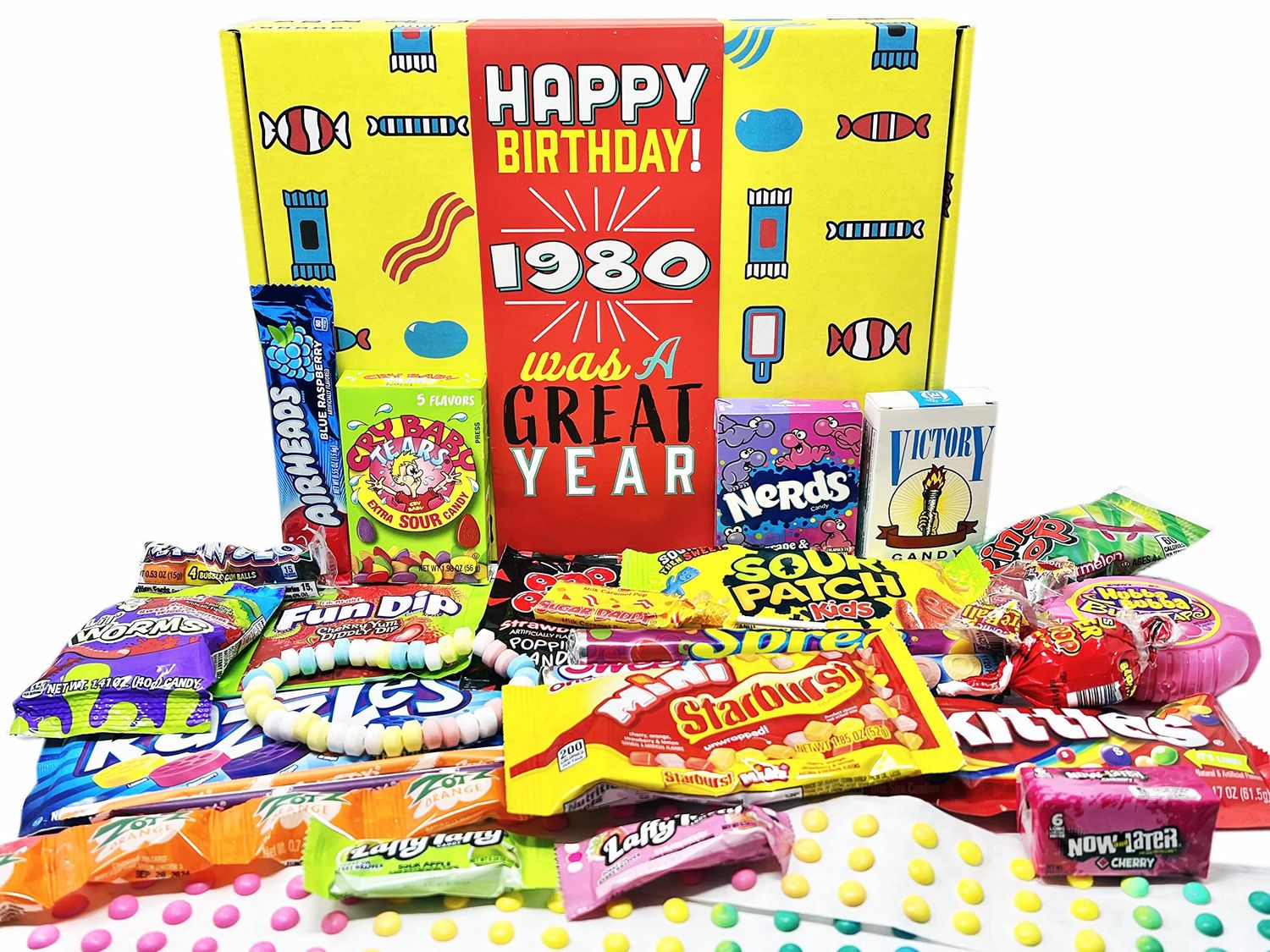 RETRO CANDY YUM 1980 45th Birthday Gift Box Assortment Nostalgic Candy from Childhood for 45 Year Old Man or Woman Born 1980