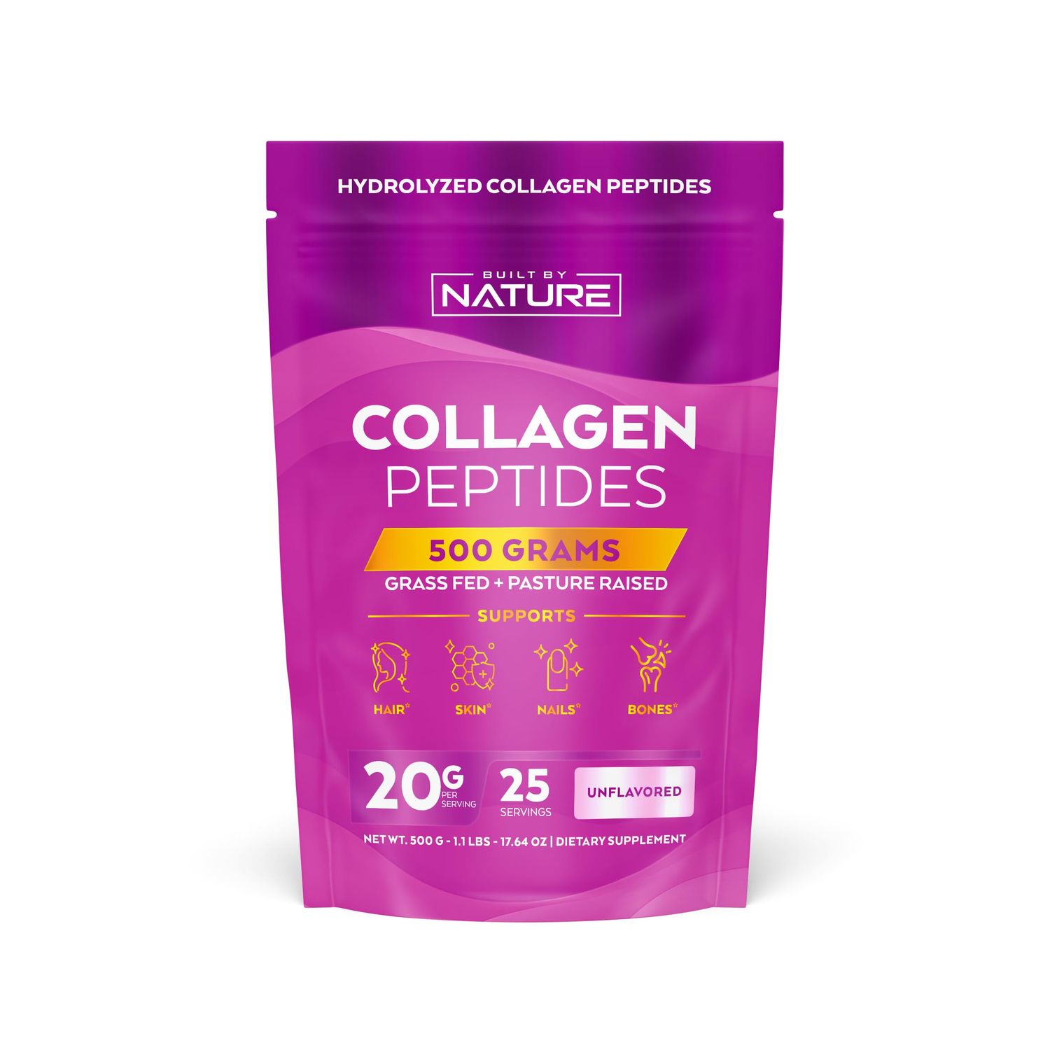 Built by Nature Collagen Peptides Powder, 500 Grams - Unflavored, Platinum Grade Hydrolyzed Collagen Protein with No Odor or Taste, Easy Mixing - Grass Fed, Non-GMO - Hair, Skin, Nails Supplement