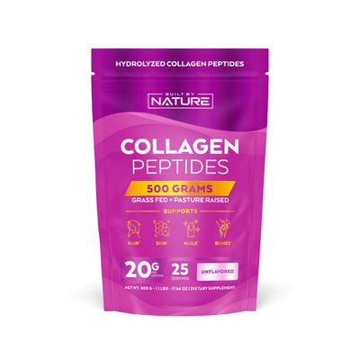Built by Nature Collagen Peptides Powder, 500 Grams - Unflavored, Platinum Grade Hydrolyzed Collagen Protein with No Odor or Taste, Easy Mixing - Grass Fed, Non-GMO - Hair, Skin, Nails Supplement
