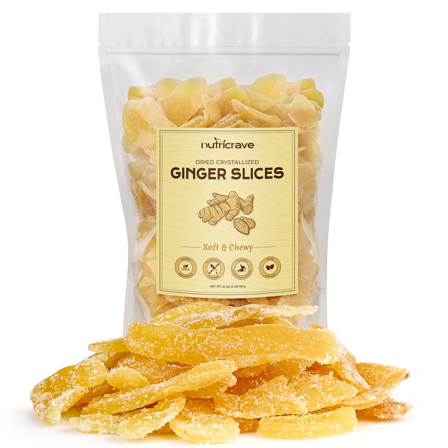 Crystallized Ginger Slices - Candied Ginger Snack for Baking Digestive Support - Vegan, Non-GMO, Resealable 2lb Bag