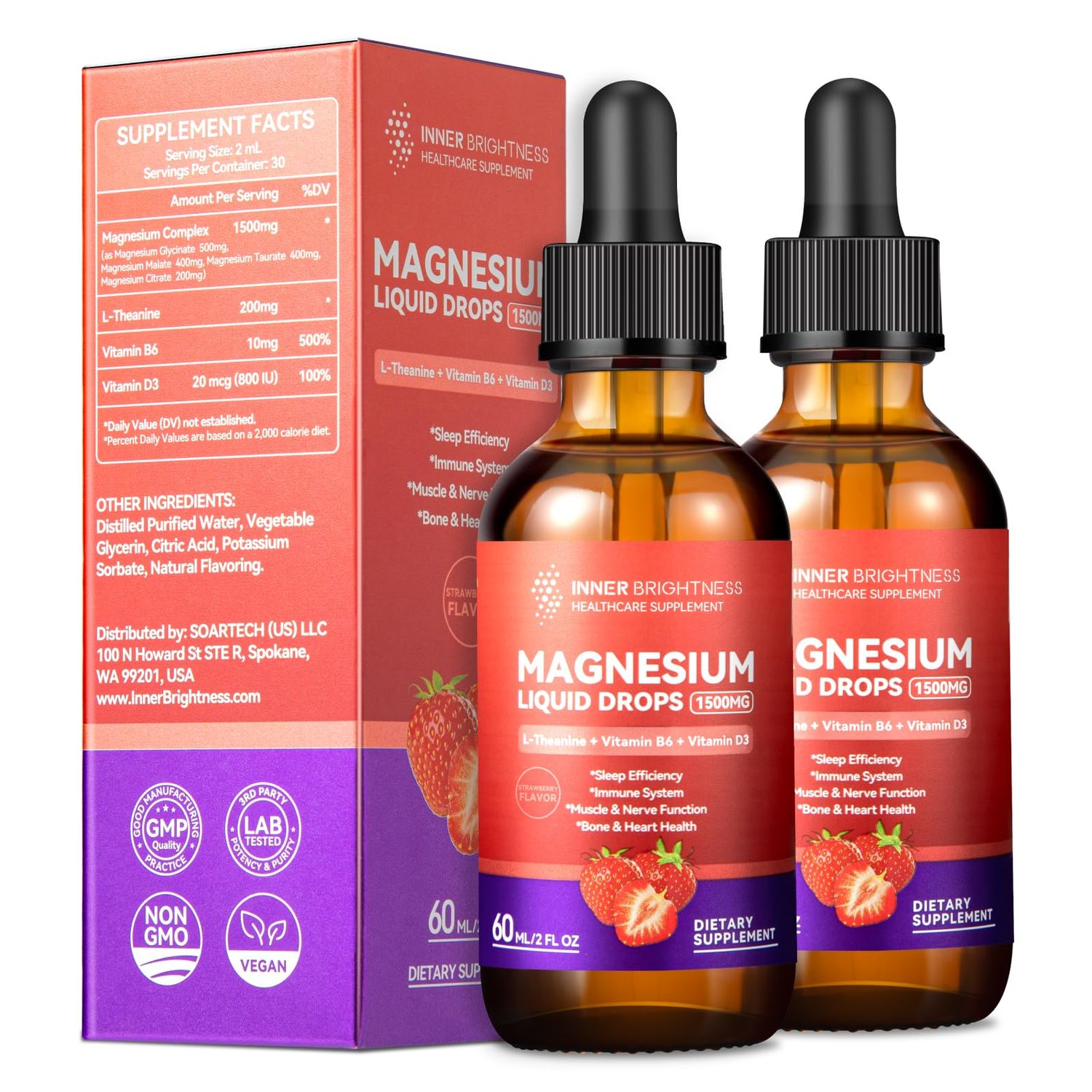 Magnesium Glycinate Liquid Drops 1500mg with Magnesium Citrate Taurate, L-Theanine, Vitamin D3, B6 - Supports Calm, Sleep, Muscle Relaxation, Leg Cramps Energy, Strawberry Flavor, 60mL 2 Pack