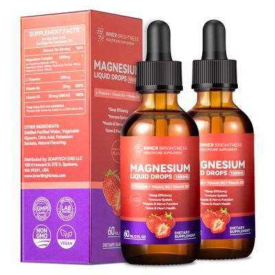Magnesium Glycinate Liquid Drops 1500mg with Magnesium Citrate Taurate, L-Theanine, Vitamin D3, B6 - Supports Calm, Sleep, Muscle Relaxation, Leg Cramps Energy, Strawberry Flavor, 60mL 2 Pack