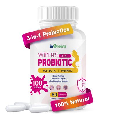 inGreens 3-in-1 High Potency Probiotics for Women, Vaginal Probiotics with 100 Billion CFU, 15 Selected Strains, Organic Womens Probiotic for Digestive, Vaginal, Urinary Immune Health-60 Capsules