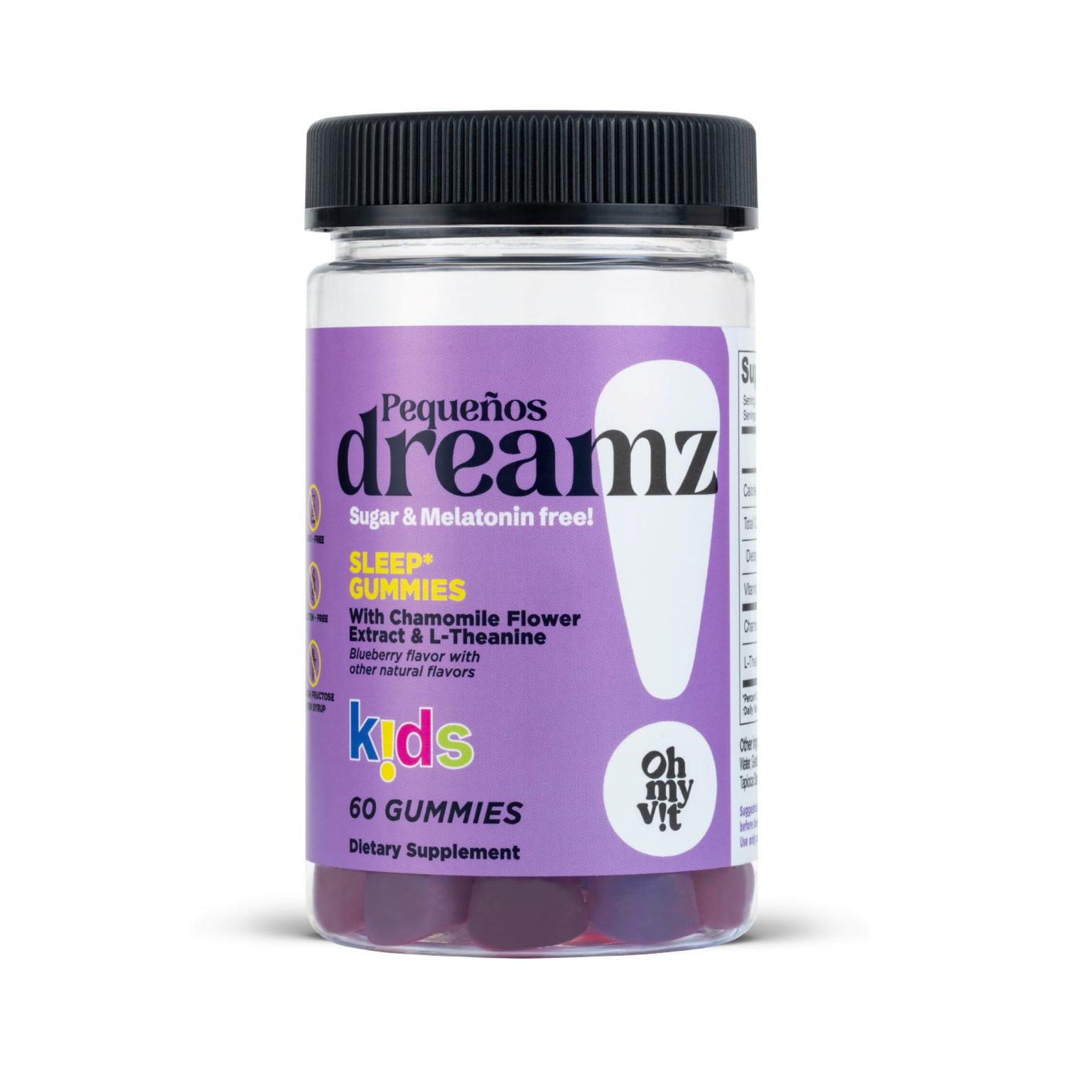 OH MY VIT! Pequeos Dreamz Kids Sugar Melatonin Free Gummies, Supports Normal Sleep with Chamomile L-Theanine, Blueberry Flavor for Children Ages 4, 60 Count
