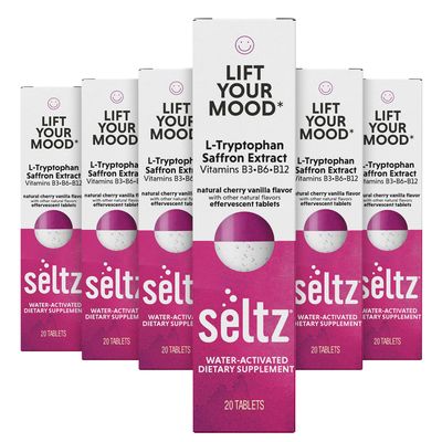 Seltz Water-Activated Vitamins - Lift Your Mood with L-Tryptophan, Saffron Extract and Vitamins B3 B6 B12 - Natural Cherry Vanilla Flavor Dietary Supplement - 6 Packs x 20 Effervescent Tablets Each