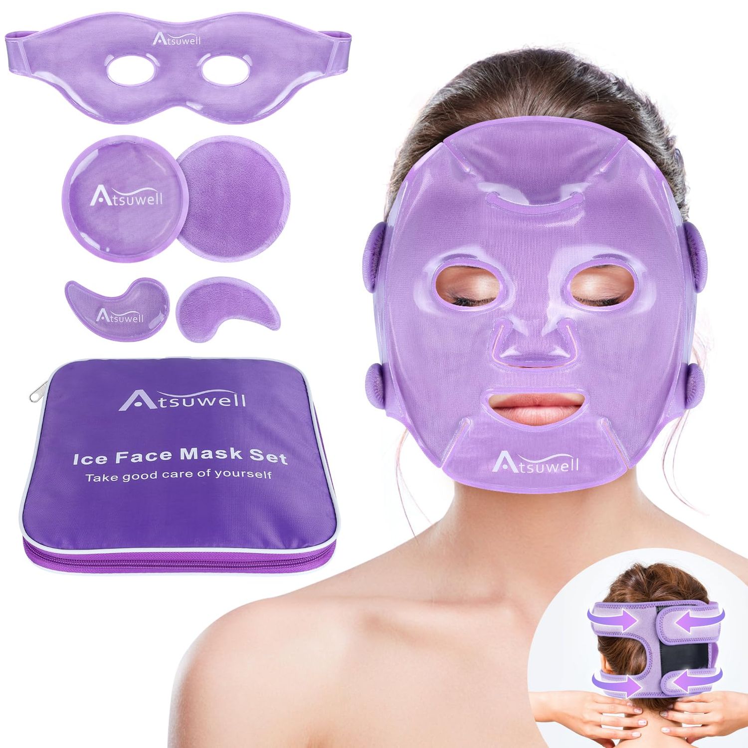 Atsuwell Cooling Ice Face Eye Mask Set for Dark Circles and Puffiness, 6 Gel Cold Packs for Face, Eyes, Soft Plush Lining Ice Pads Cold Compress, Relaxation, Cool Bag Included