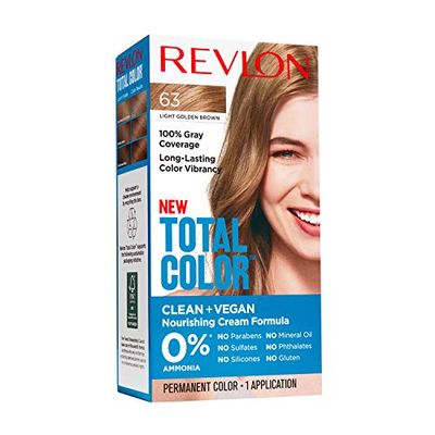 Revlon Permanent Hair Color, Permanent Hair Dye, Total Color with 100 Gray Coverage, Clean Vegan, 63 Light Golden Brown, 3.5 Oz