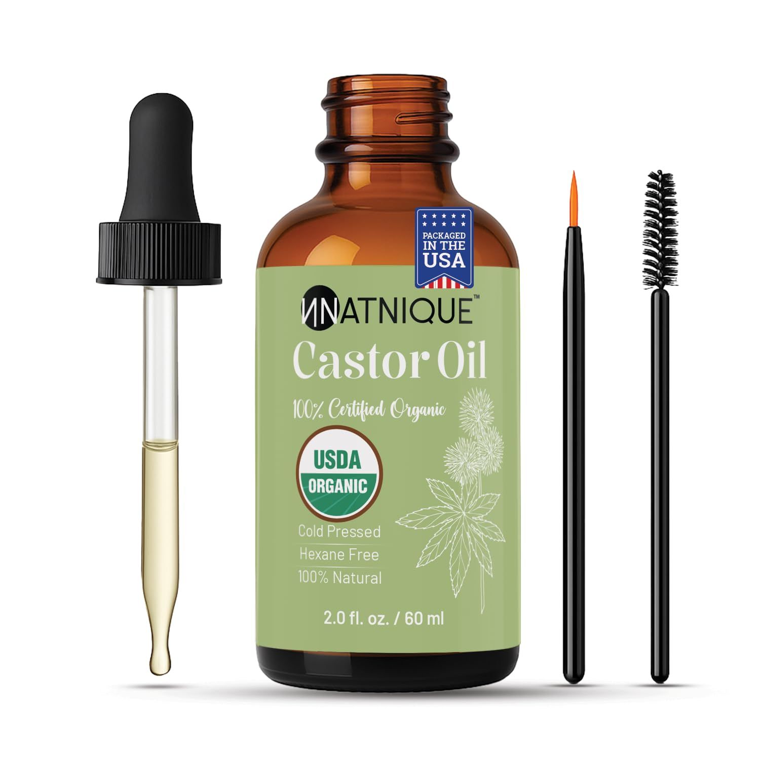 Natnique Castor Oil USDA Certified Organic, 100 Pure Cold Pressed Unrefined Hair Growth Oil for Eyelashes Eyebrows. Natural Skin Moisturizer, Hair Treatment Kit (2 oz)