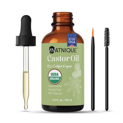 Natnique Castor Oil USDA Certified Organic, 100 Pure Cold Pressed Unrefined Hair Growth Oil for Eyelashes Eyebrows. Natural Skin Moisturizer, Hair Treatment Kit (2 oz)