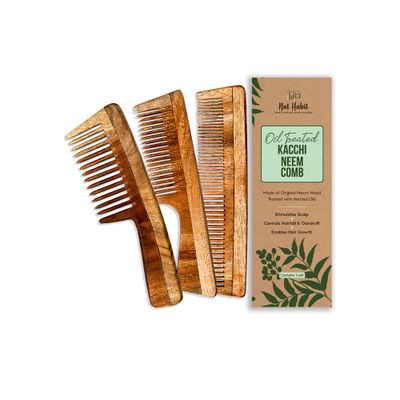 Nat Habit - Back To Natural Secrets Everyday Kacchi Neem Comb, Wooden Comb, Hair Growth, Comb For Men, Women, Treated With Neem Oil, (Dual Wide Fine Combo) 18-20Cm Length Brown