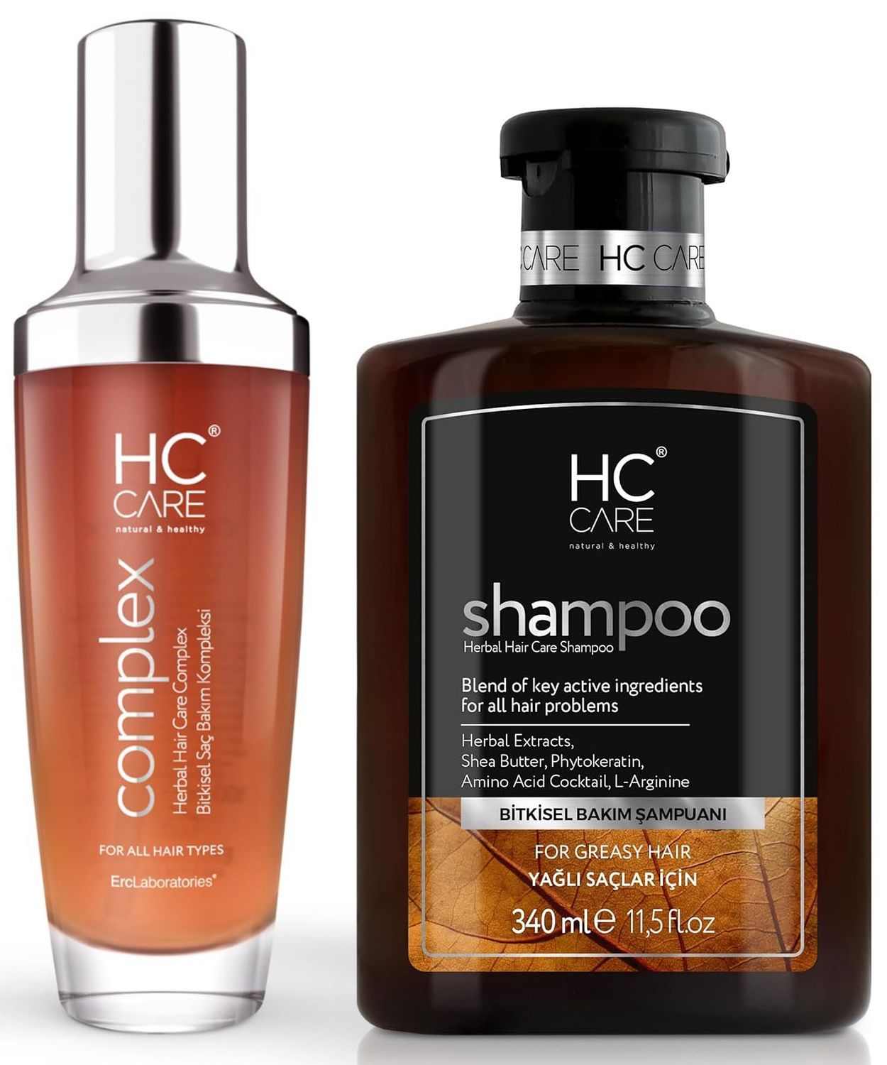 HC Care COMPLEX 100 Herbal Hair Serum and Oily Hair Shampoo Set - Hair Strengthening, Nourishing Serum for Damaged, Greasy Hair - Hydrating Hair Care - Hair Regrowth Treatment