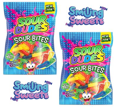 Smiling Sweets Sour Dudes Sour Bites Fun Fruit Flavors, Made with Real Fruit Juice, Fun and Delicious Flavors and Colors, Perfect Treats to Share (Pack of 2)